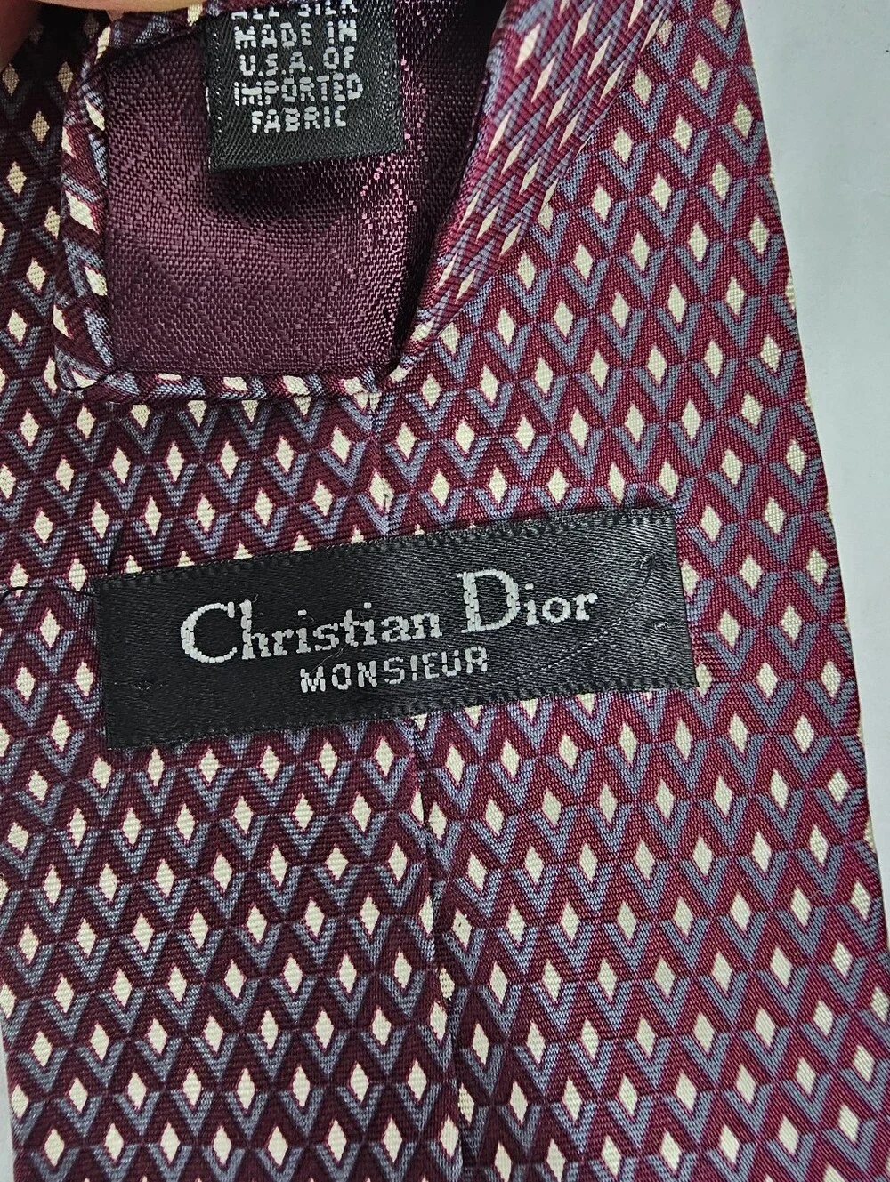 Christian Dior Maroon Diamond-Pattern Silk Tie